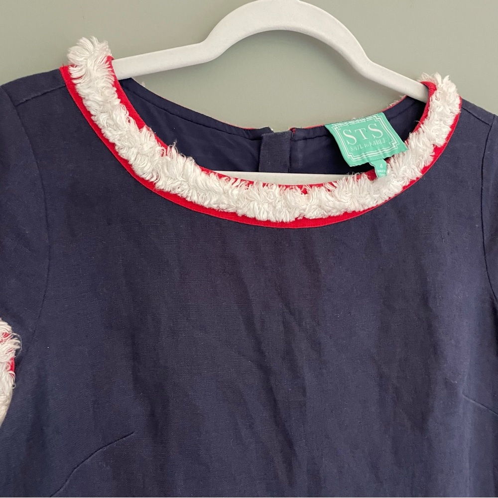 Sail to Sable 100% Linen Navy Blue Red White Fringe Trim Mini Shift Dress 4 - Picture 5 of 13